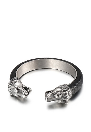 HAPPY FRIDAYS silver Wolf Heads Stainless Steel Cowhide Bracelet KL71994-BD 3C118ACB1392DCGS_1