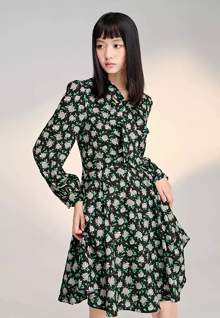 Long Sleeve Floral Midi Dress with Ribbon Tie