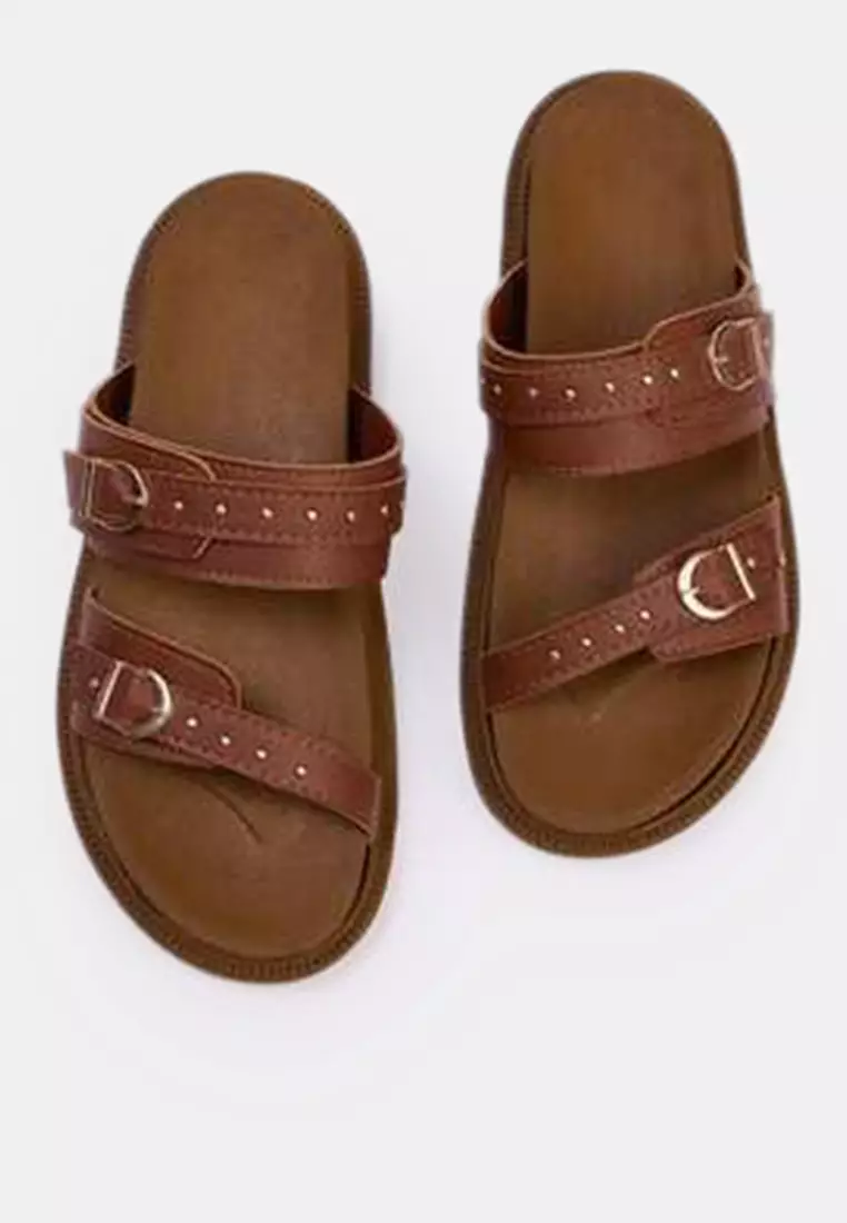 Taba Trok Embroidered Buckle Detailed Double Strap Women's Slippers Takss25Te00037