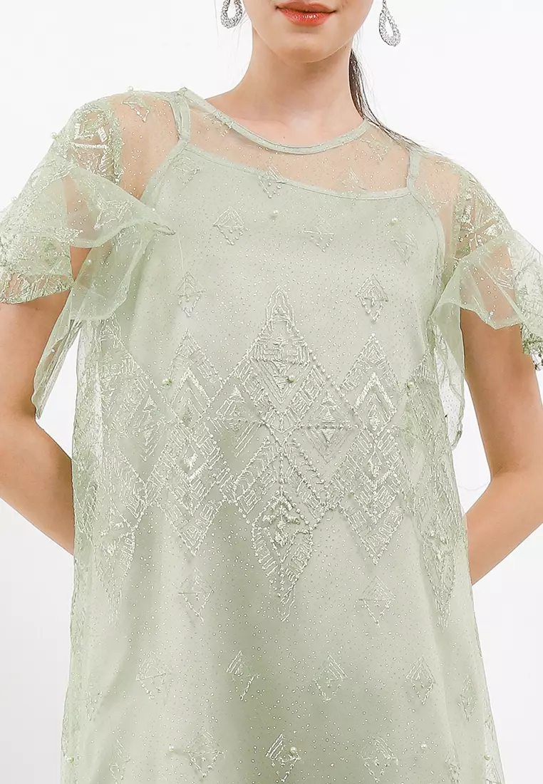 Ethnic Emb Ruffle Sleeves Dress W/ Separate Camisole Dress