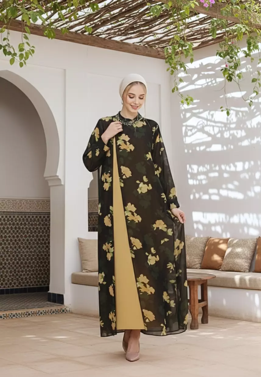 Gamis Mosleem Chiffon With Pearl And Floral Minimalis In Emerald Green By Brilliant Girl Warna HIJAU