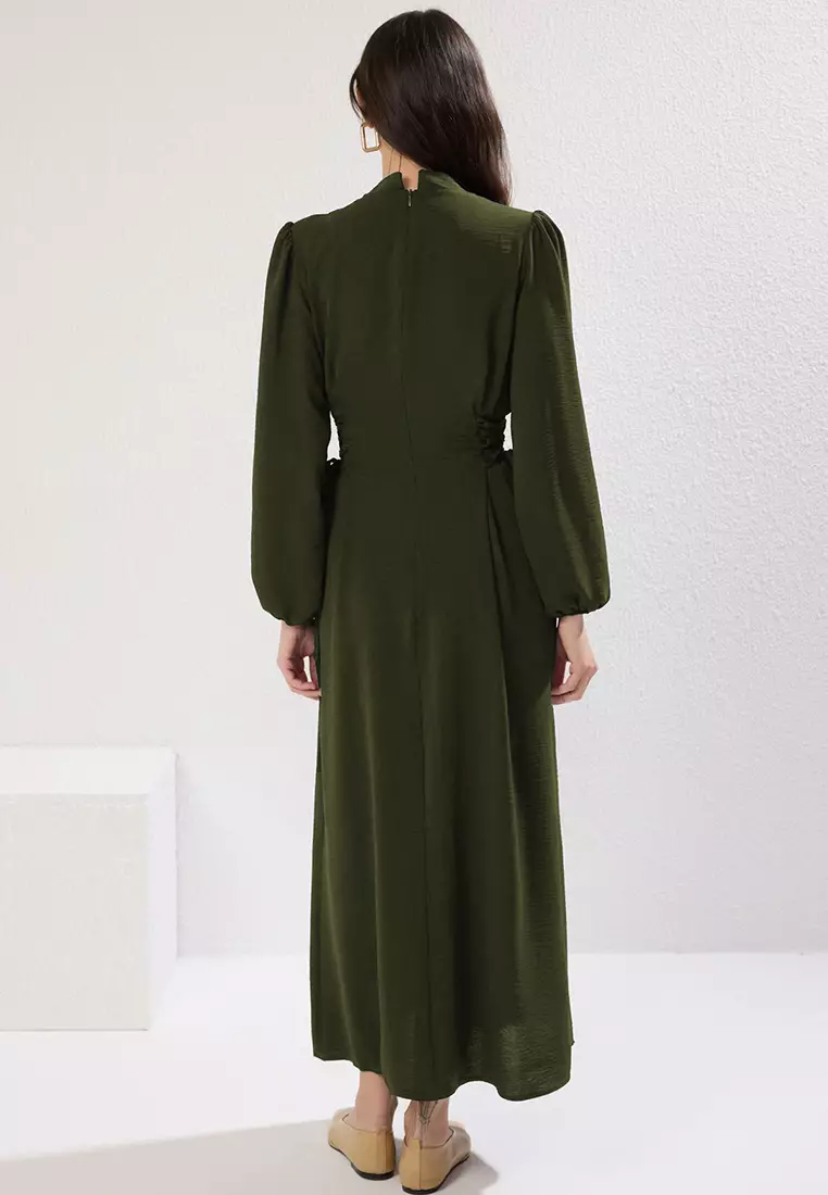 Khaki Judge Collar Waist Brit Aerobin Woven Dress Tctss25Eb00082