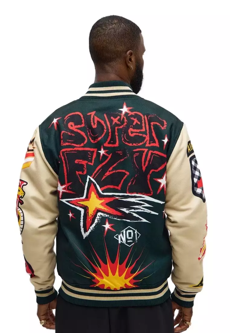 NYC Streetwear - Super Fly Varsity Jacket - Ivory/Green