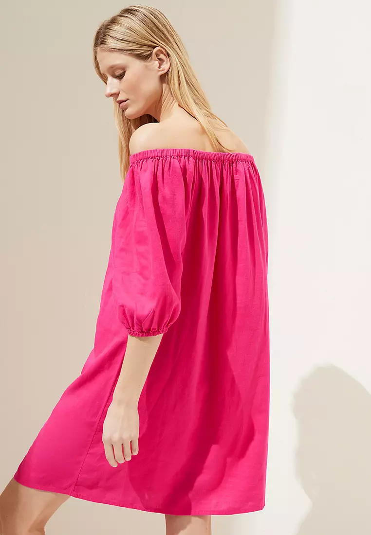 Linen Rich Bardot Knee Length Shift Dress