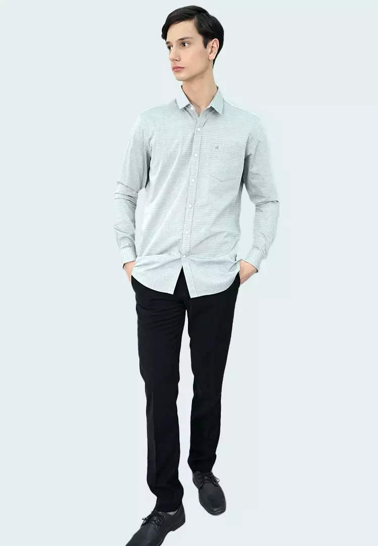 Johnwin - Kemeja Formal - Kemeja Motif - Lengan Panjang Slim Fit Putih