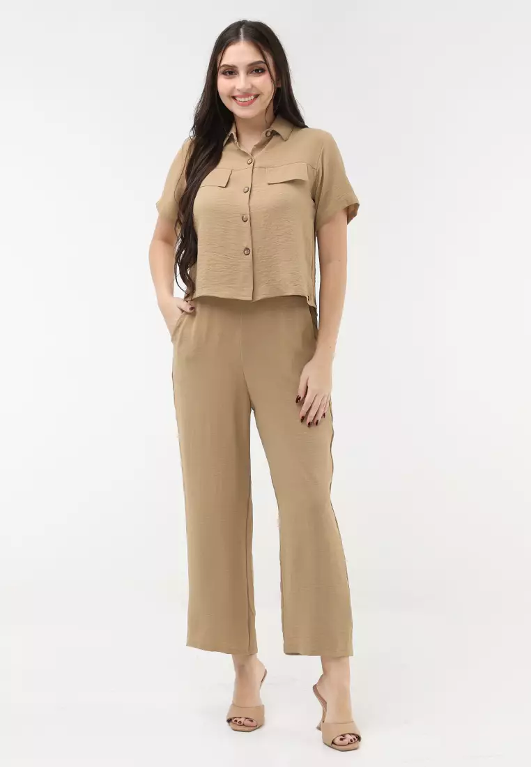 Wrinkled Thick Woven Short Sleeves Terno Pants