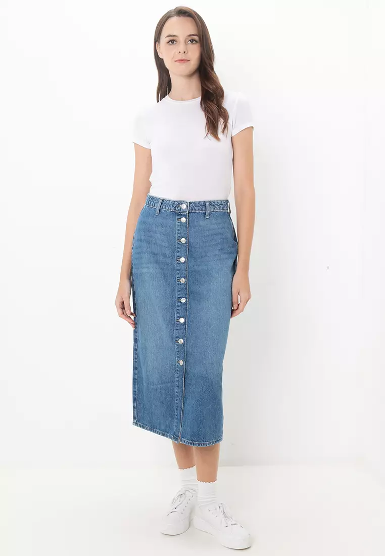 Cece Midi Button Denim Skirt