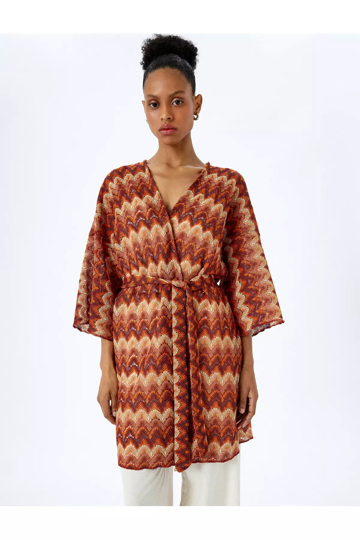 長袖闊袖綁帶印花長款和服