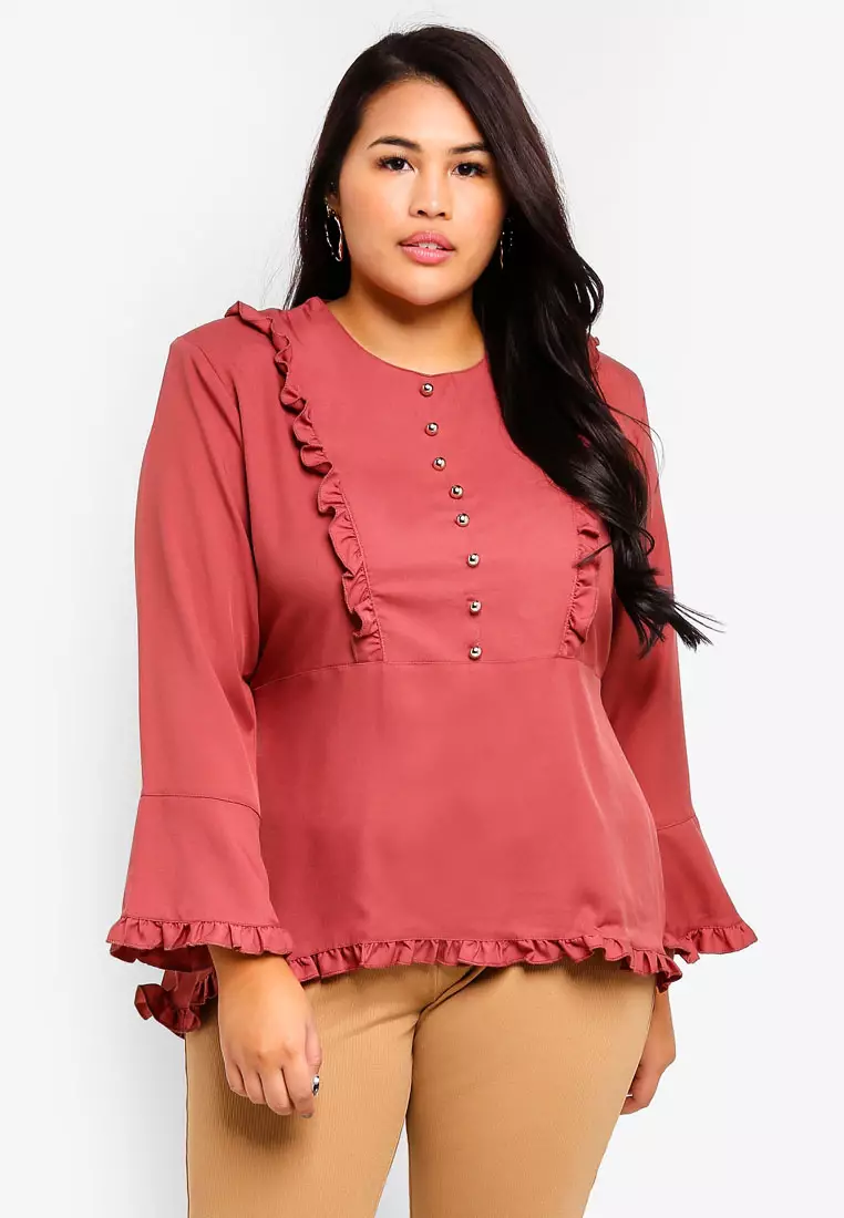 Red ruffle blouse plus size on sale