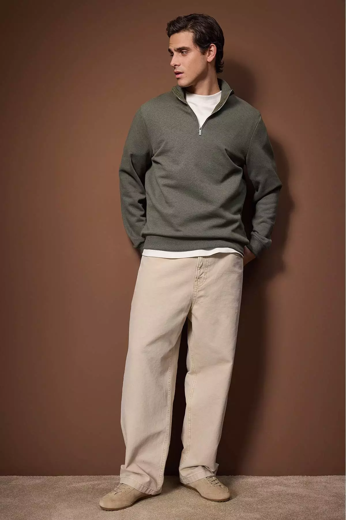 Khaki Regular/Normal Cut Stand Collar Thick Fleece Lined Sweatshirt Tmnaw26Sw00021