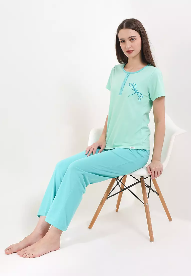Pyjama Pijama Baju Tidur  Short Sleeve Long Pants Sleepwear