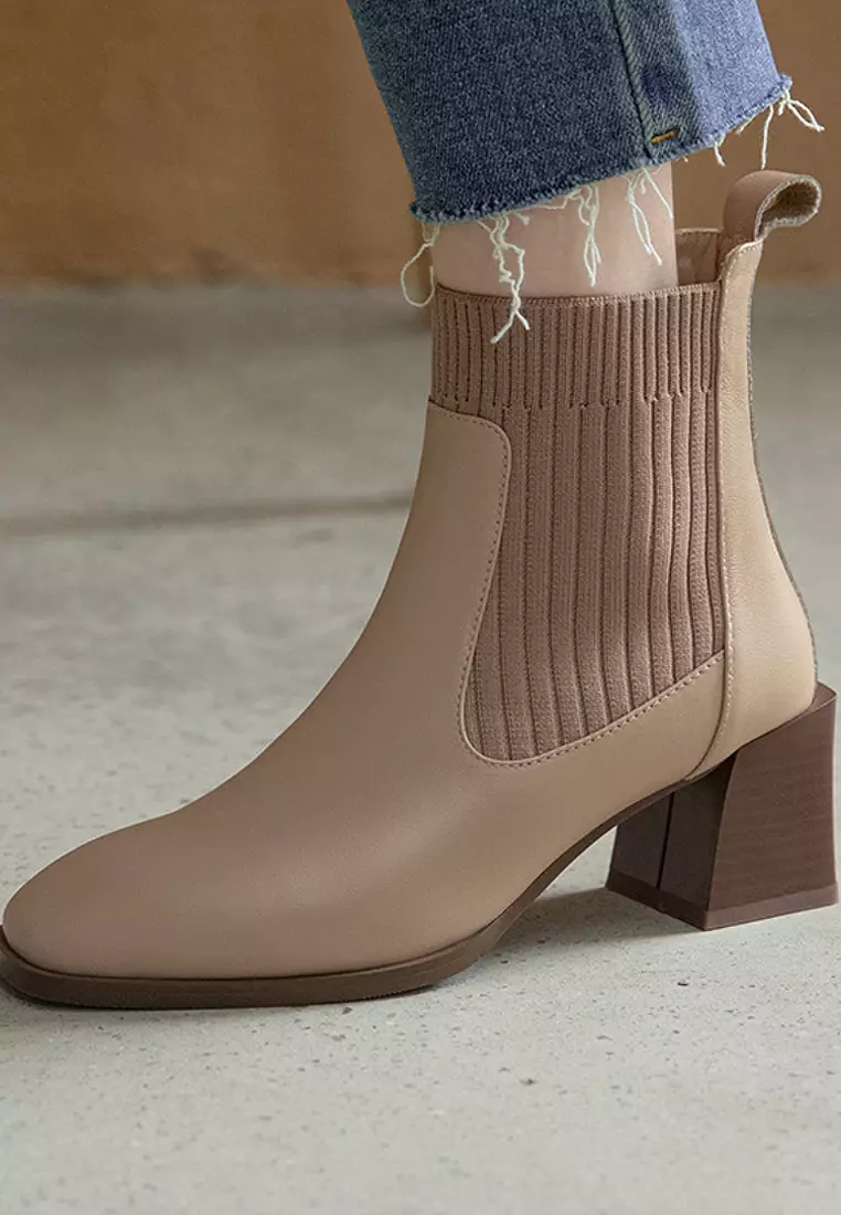 VANSA Fashionable Top Layer Cowhide Stretch Ankle Boots VSW-B06291288
