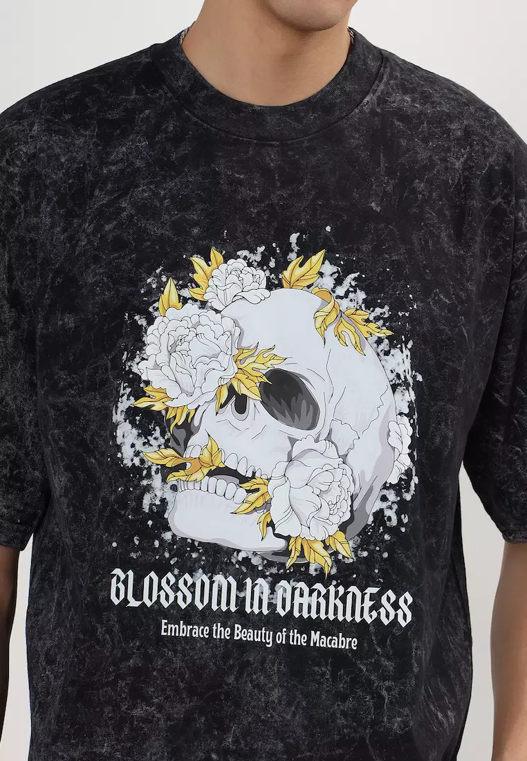 暗夜之花 黑色图案宽松短袖棉质T恤/T恤，男女通用运动服