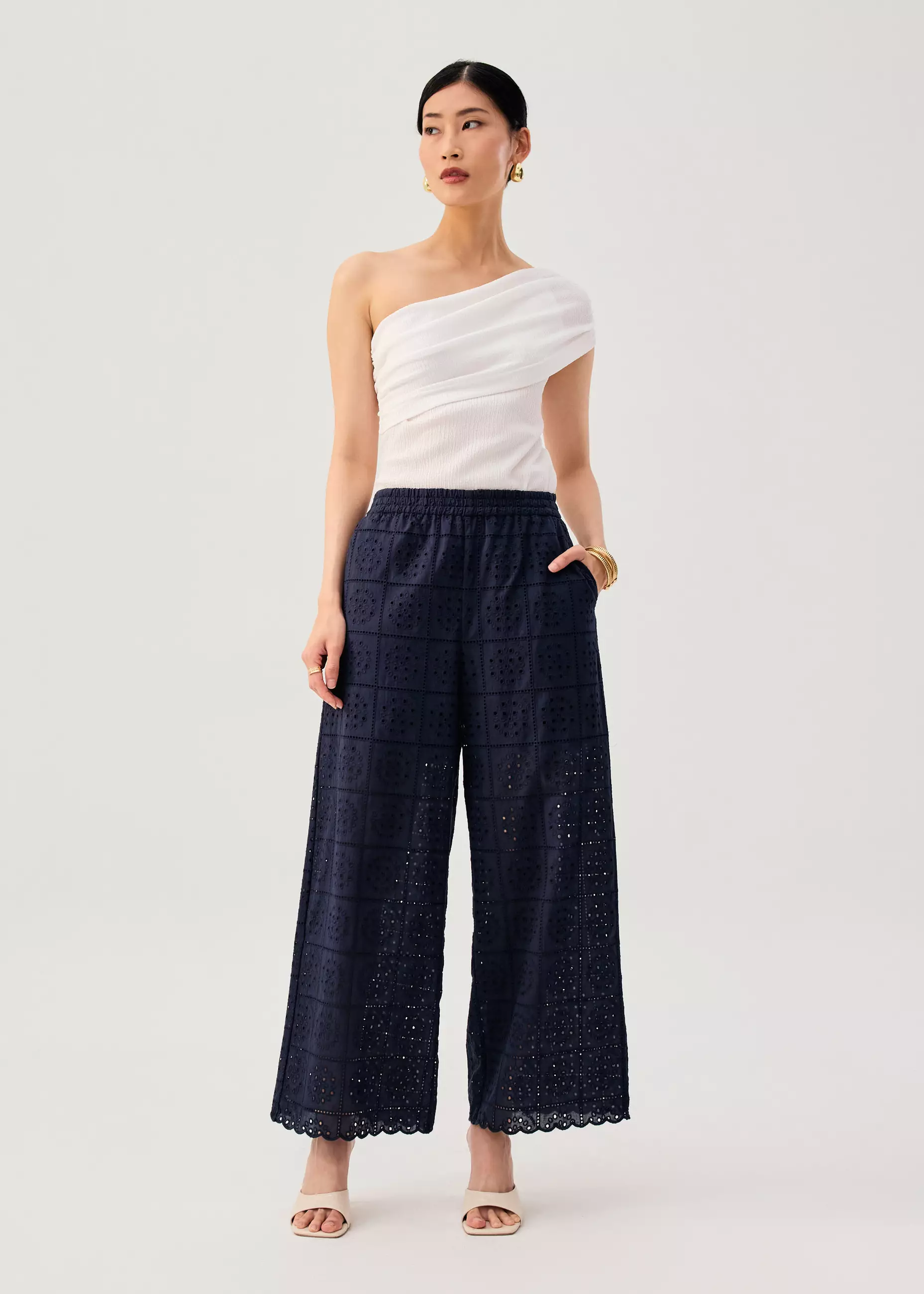 Celana Panjang Wanita - Elastic Cotton Broderie Mid Waist Straight Leg Pants