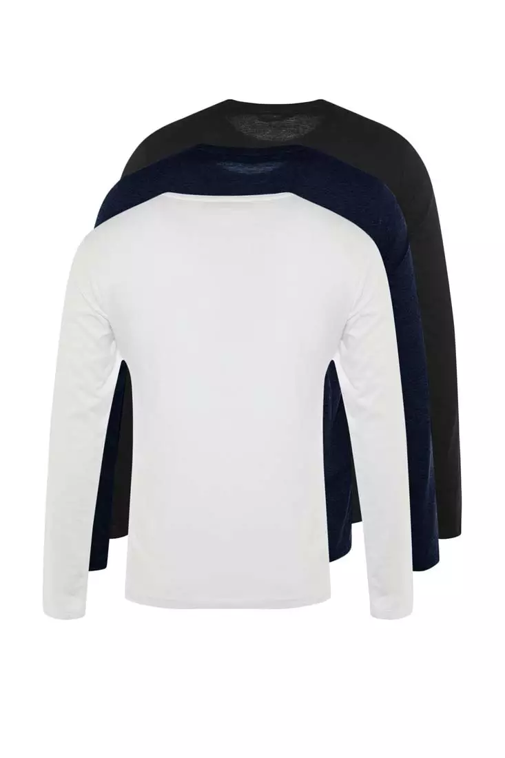 Black-White-Navy Blue Men's Regular/Regular Cut Crew Neck Long Sleeved 3-Pack Basic T-Shirt.
