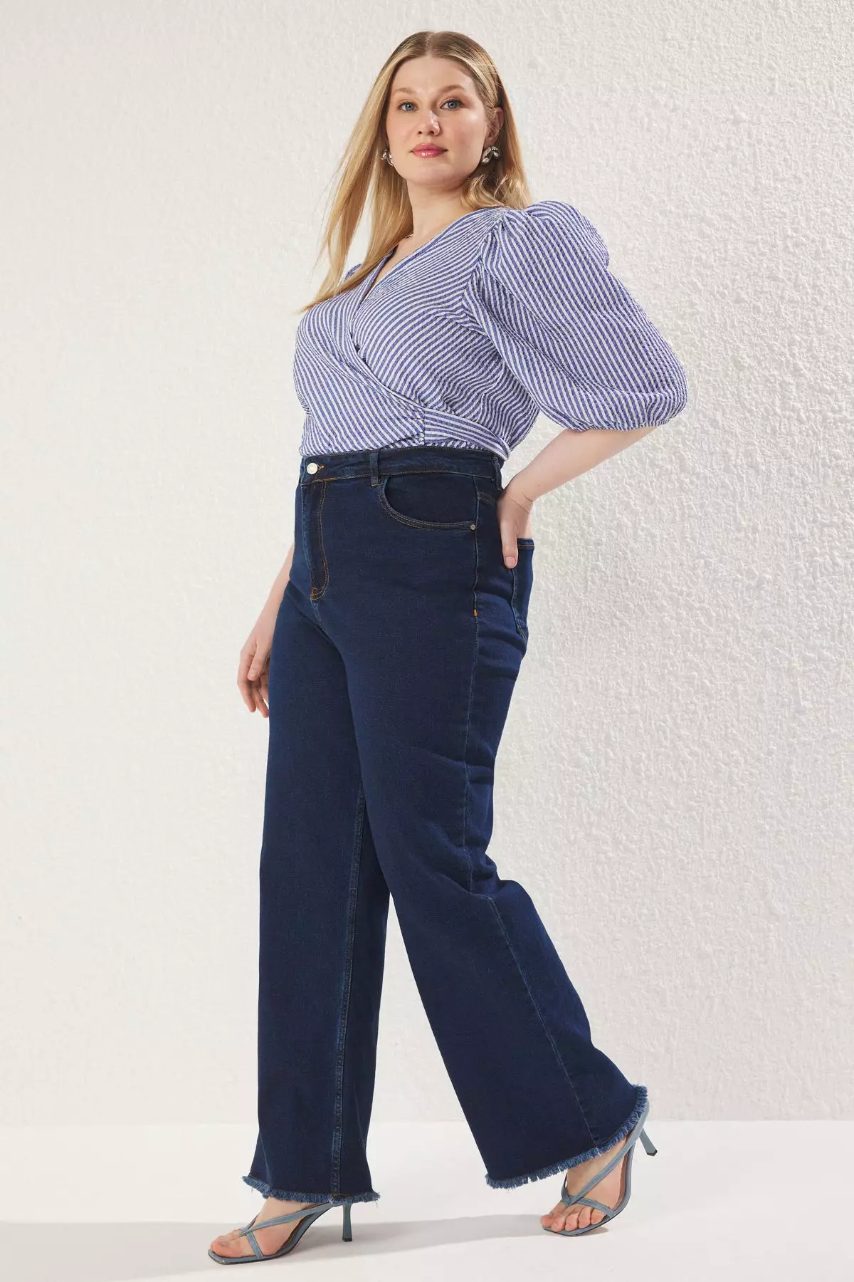 Dark Blue High Waisted Piercing Detail Wide Leg Comfort Plus Size Wide Leg Jeans Tbbss23Cj00009