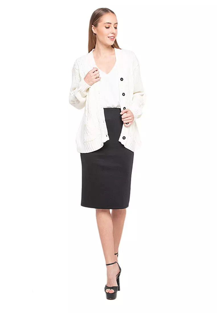 Winifred Kardigan Cable Atasan Wanita Long Sleeves Oversize Relaxed Fit - Off White