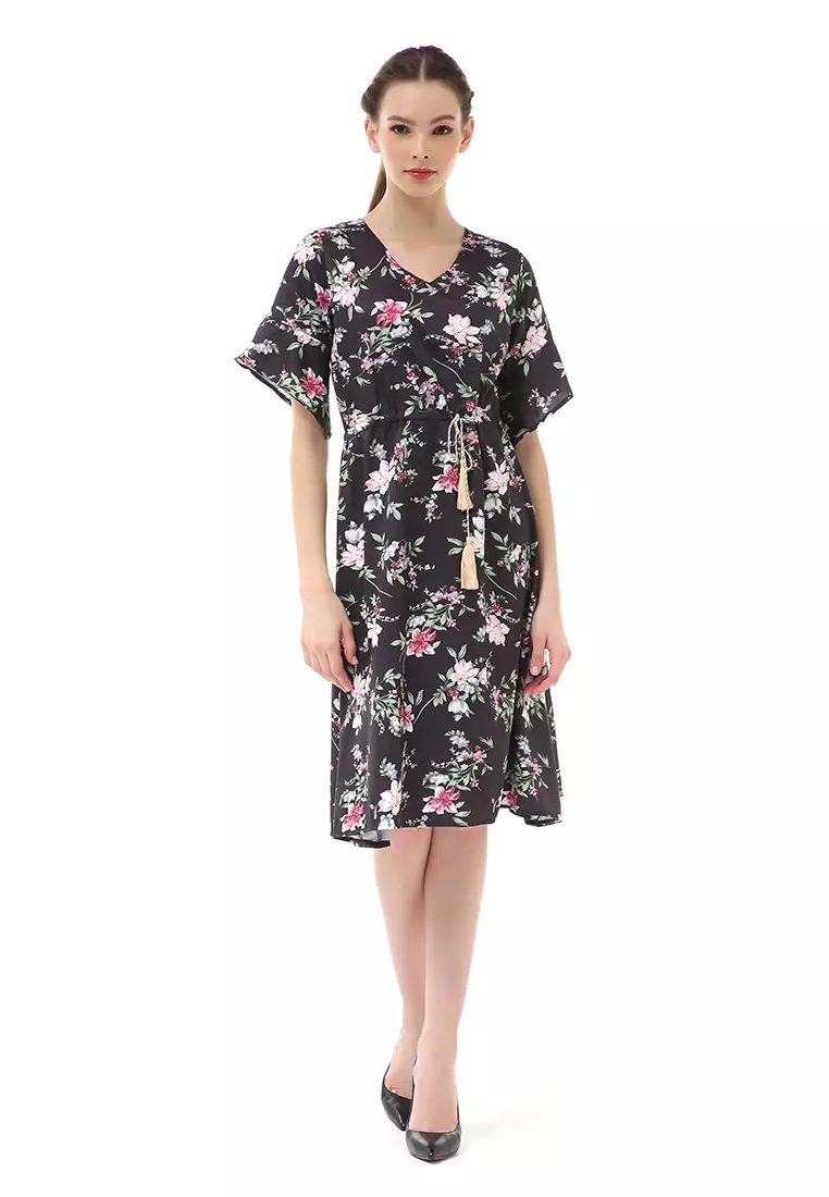 Rachel Midi Dress Wanita Karet Pinggang Short Sleeve Floral Motif Material Polyester ORIGINAL - Black