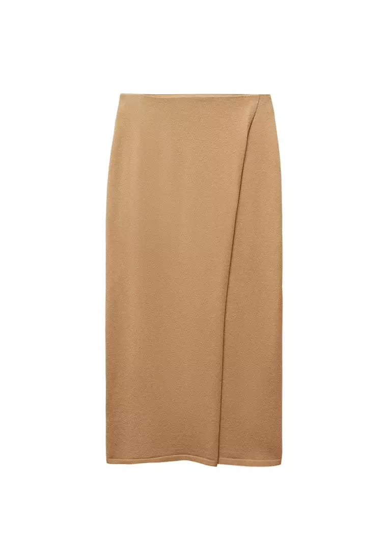 Mango satin wrap front midi skirt in clearance camel