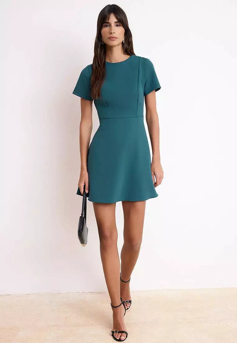 Petrol Skirt Flared From The Waist Short Sleeve Mini Stretchy Woven Dress Twoss26El37