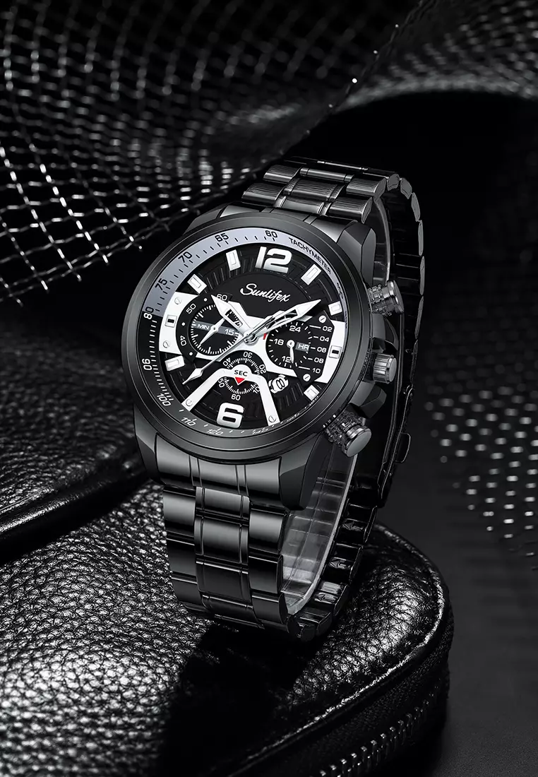 Jam Tangan Pria 9033 Kalender Kasual Kemewahan Tali Stainless Steel Anti Air Jam Tangan Cowok blacksilver