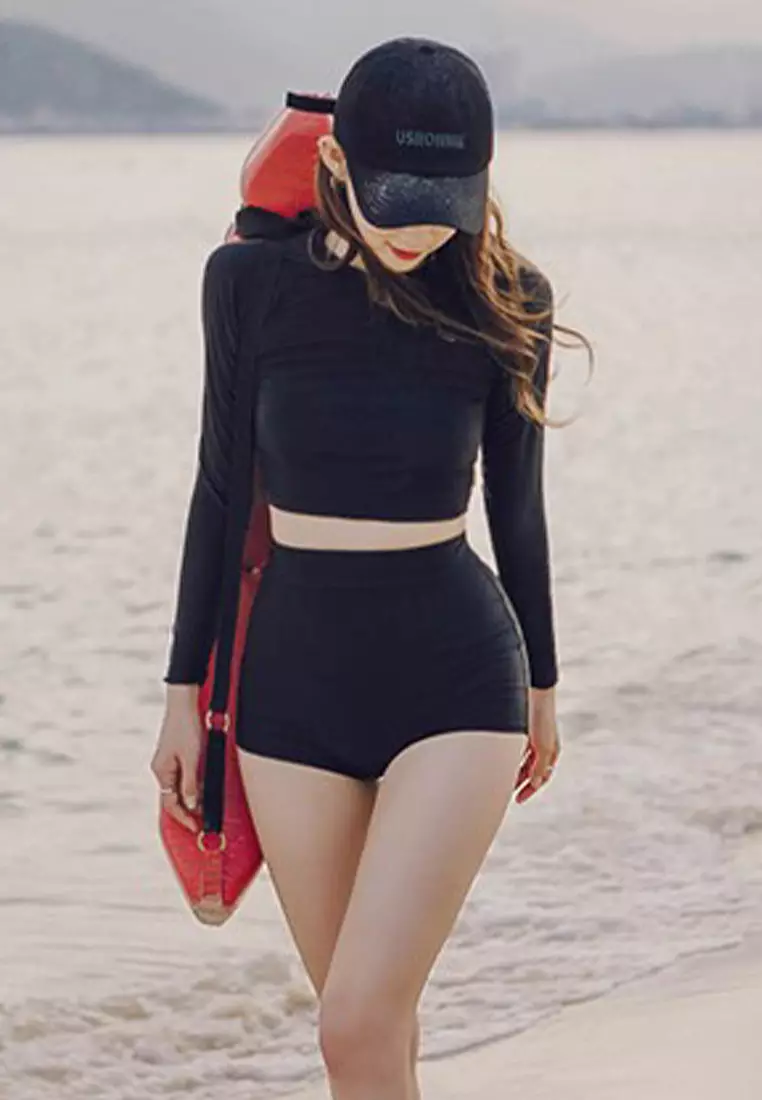 New Long sleeved Conservative Two piece Set Gathering Beach Surfing Swimsuit CA24032127BK