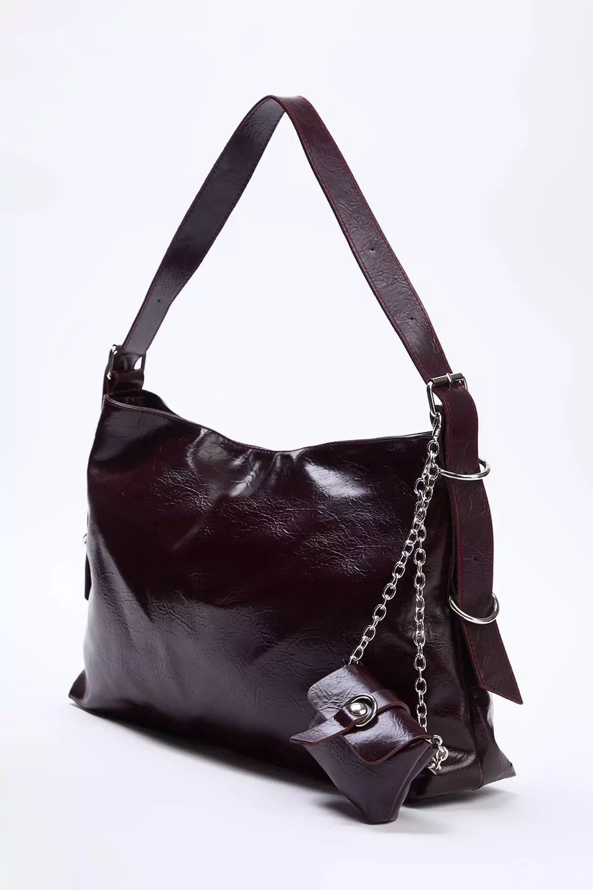 Burgundy Wrinkled Faux Leather Belt Buckle Pouch Women'S Maxi Size Shoulder Bag Takaw26Oc00046
