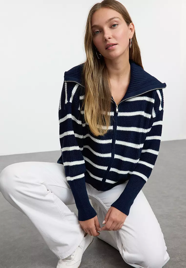 Navy Blue*001 Striped Wide Pattern Turn-Down Collar Zippered Knitwear Cardigan