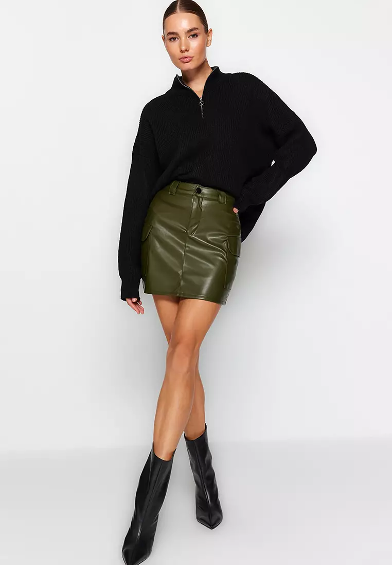 Faux Leather High Waist Fitted Mini Skirt with Cargo Pocket