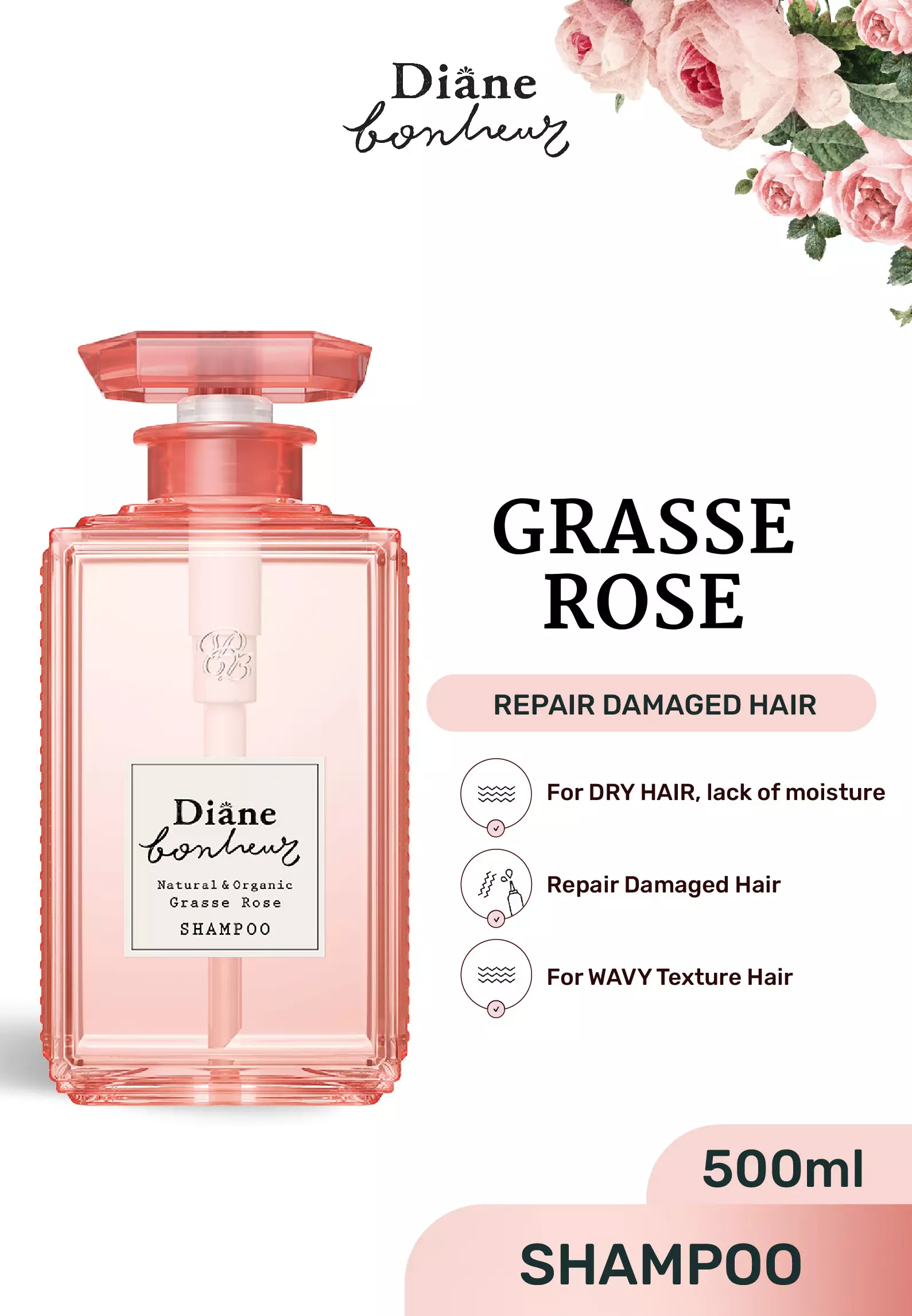 Diane Bonheur Grasse Rose Shampoo 500 ML (Made in Japan)