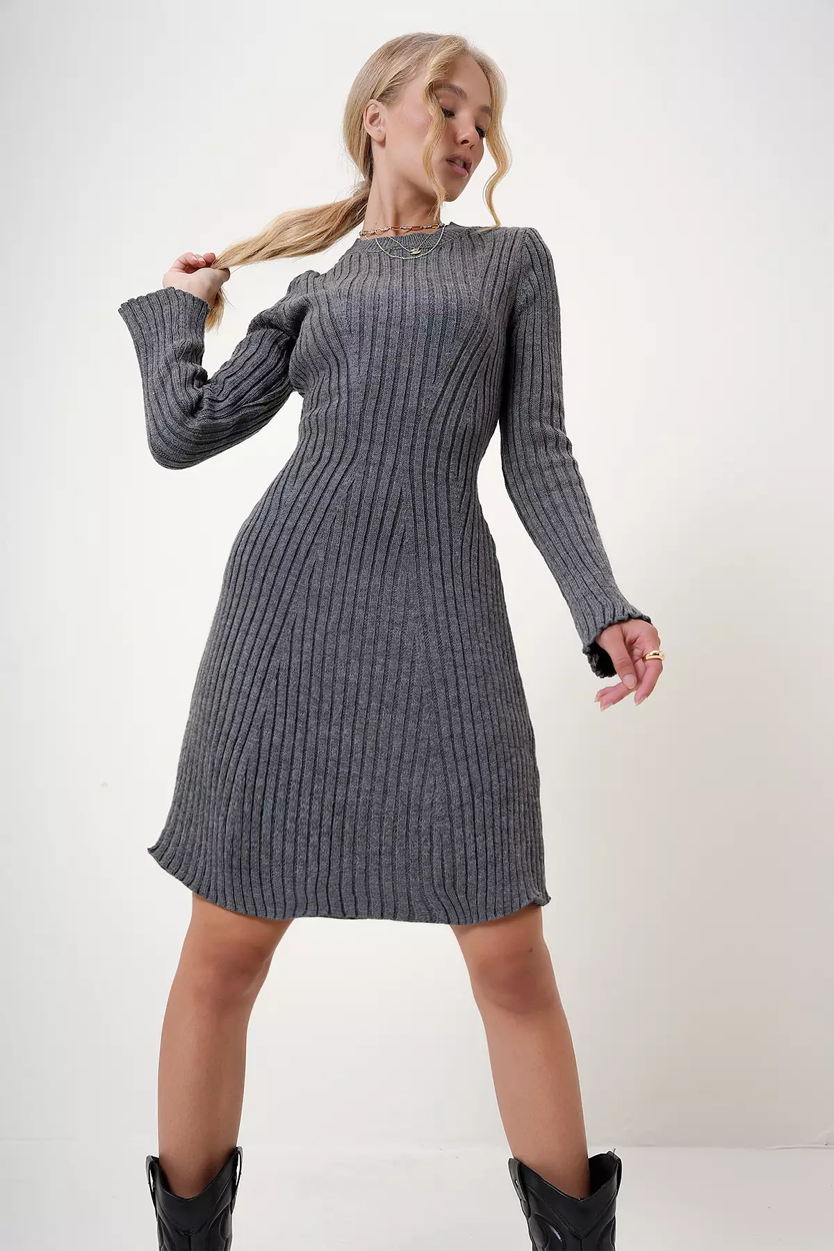 knit dress with sleeves Osment Long Sleeve Knit Mini Dress L | XL | Cream | Womens