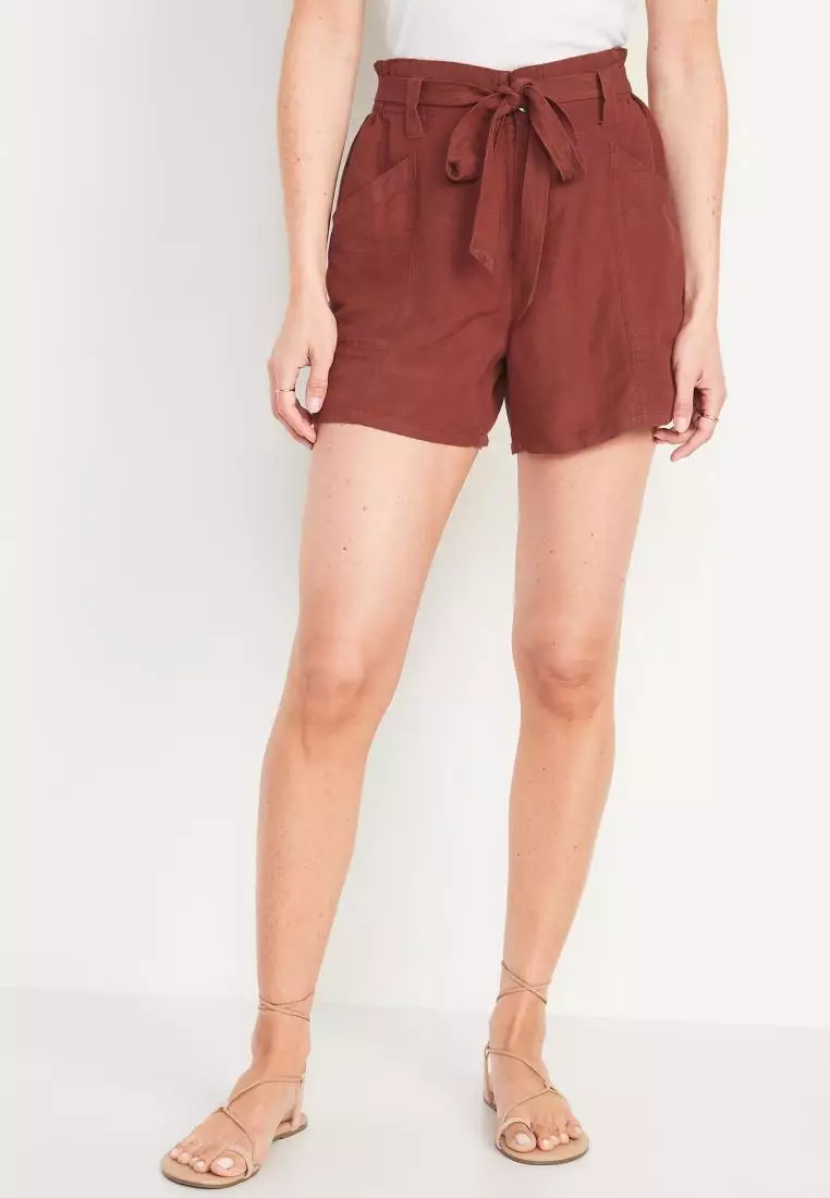 High-Waisted Soft Linen-Blend Paperbag Workwear Shorts for Women - 4.5-inch inseam
