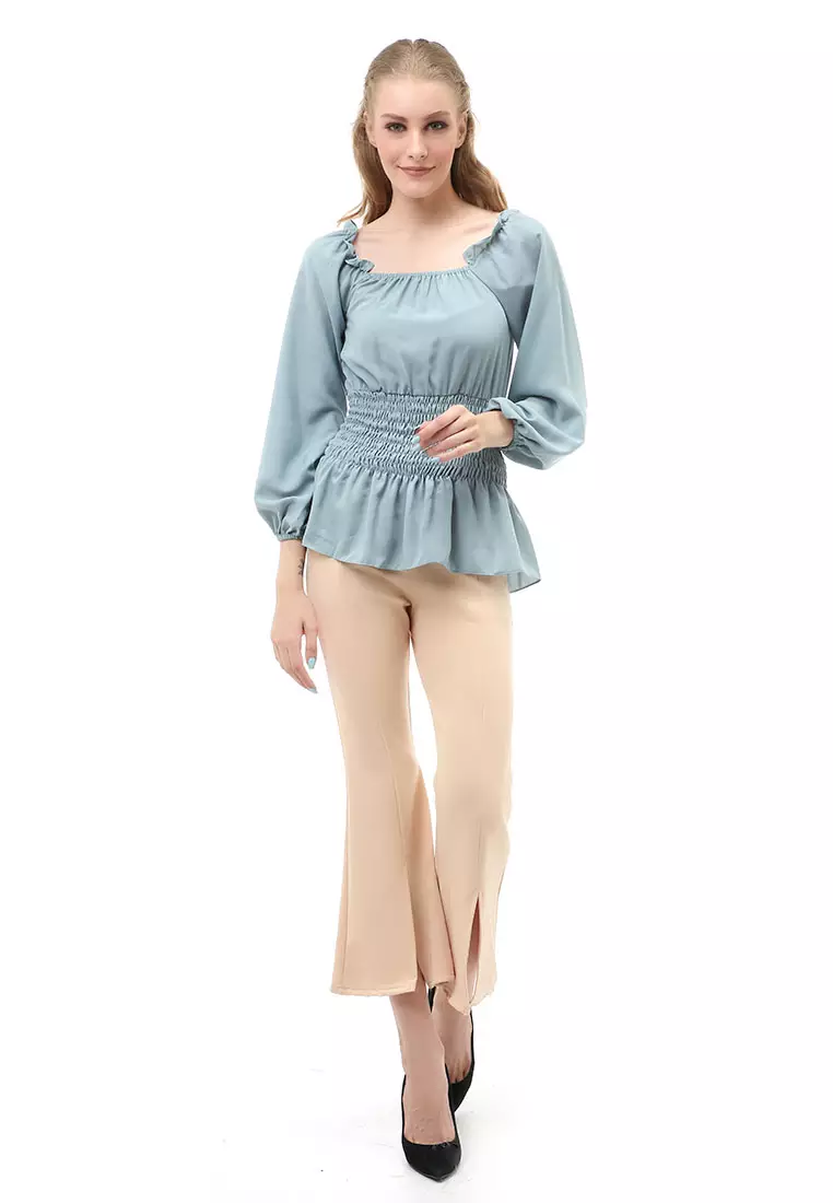 Cheva Blouse Atasan Wanita Sabrina Karet Pinggang Lengan Panjang Casual Shirt Long Sleeve Material Wolfis ORIGINAL