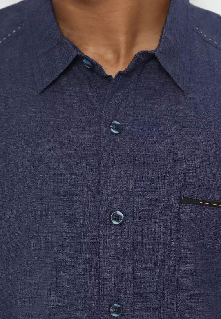 POLICE Kemeja Polos Cotton Twill Slub Biru Tua Regular Fit Pria