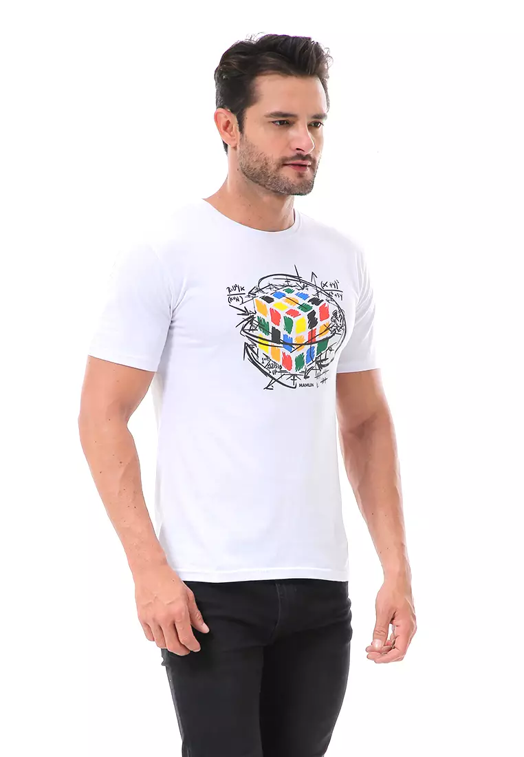 Aisley Atasan Kasual Pria Kaos Basic Lengan Pendek Motif Rubix Material Cotton ORIGINAL - White