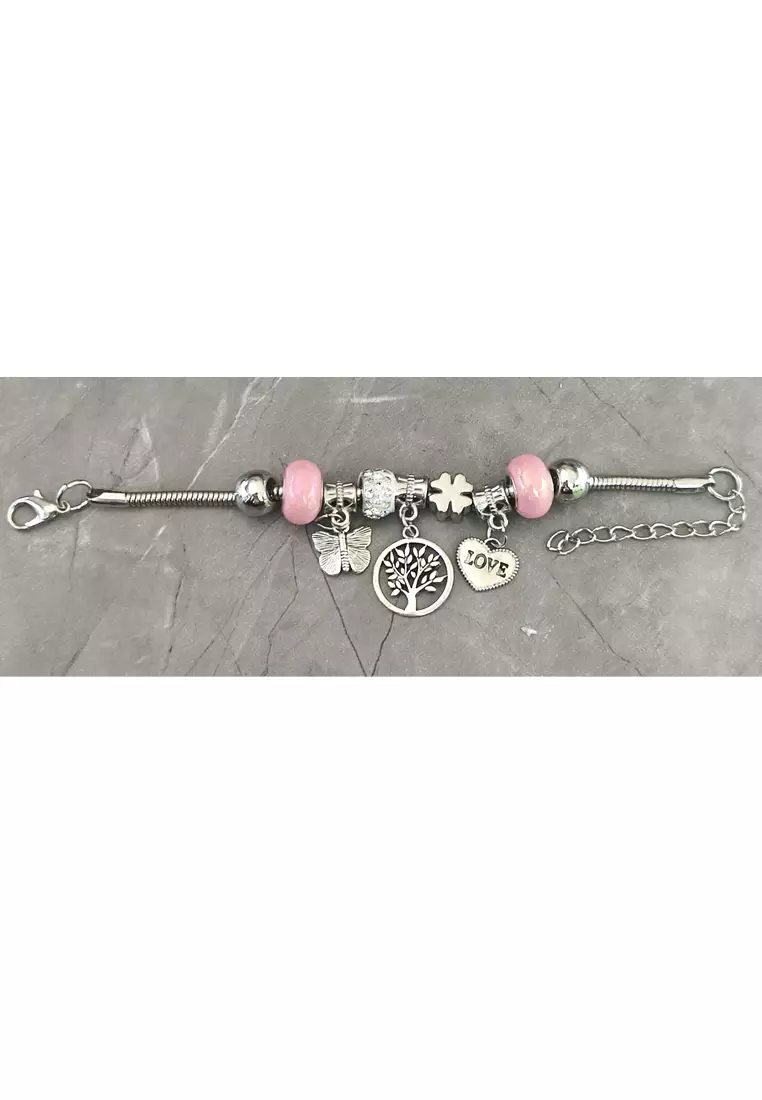 Accessories Wanita Tree Heart Pomora Charm Bracelet Gelang Wanita Silver, Pink