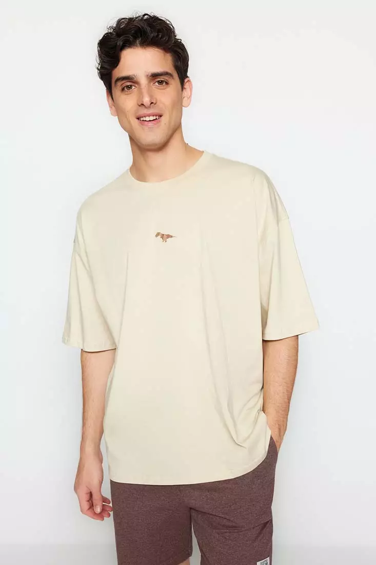 Crew Neck Short Sleeve Dinosaur Embroidered T-Shirt