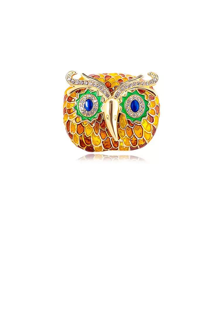 Fashion Temperament Plated Gold Enamel Brown Owl Brooch with Cubic Zirconia