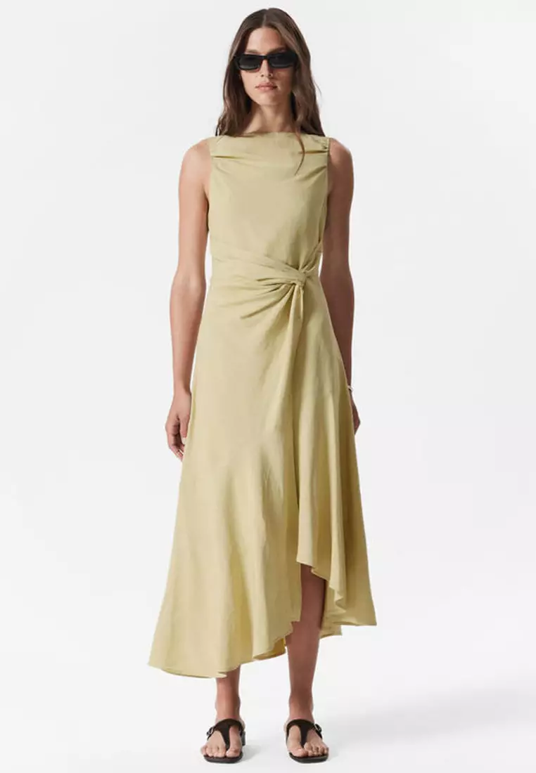 Asymmetric Wrap-Knot Midi Dress