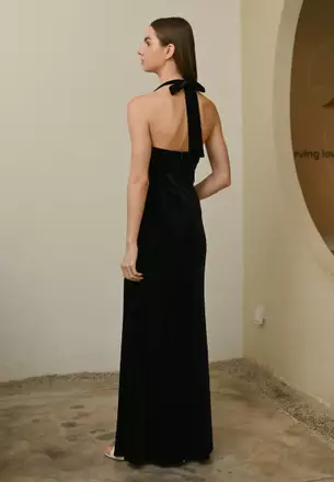 sachin and babi light blue dress Taylor Scuba Crepe Off The Shoulder Satin Sleeves Black Floor Length Dress main image 1