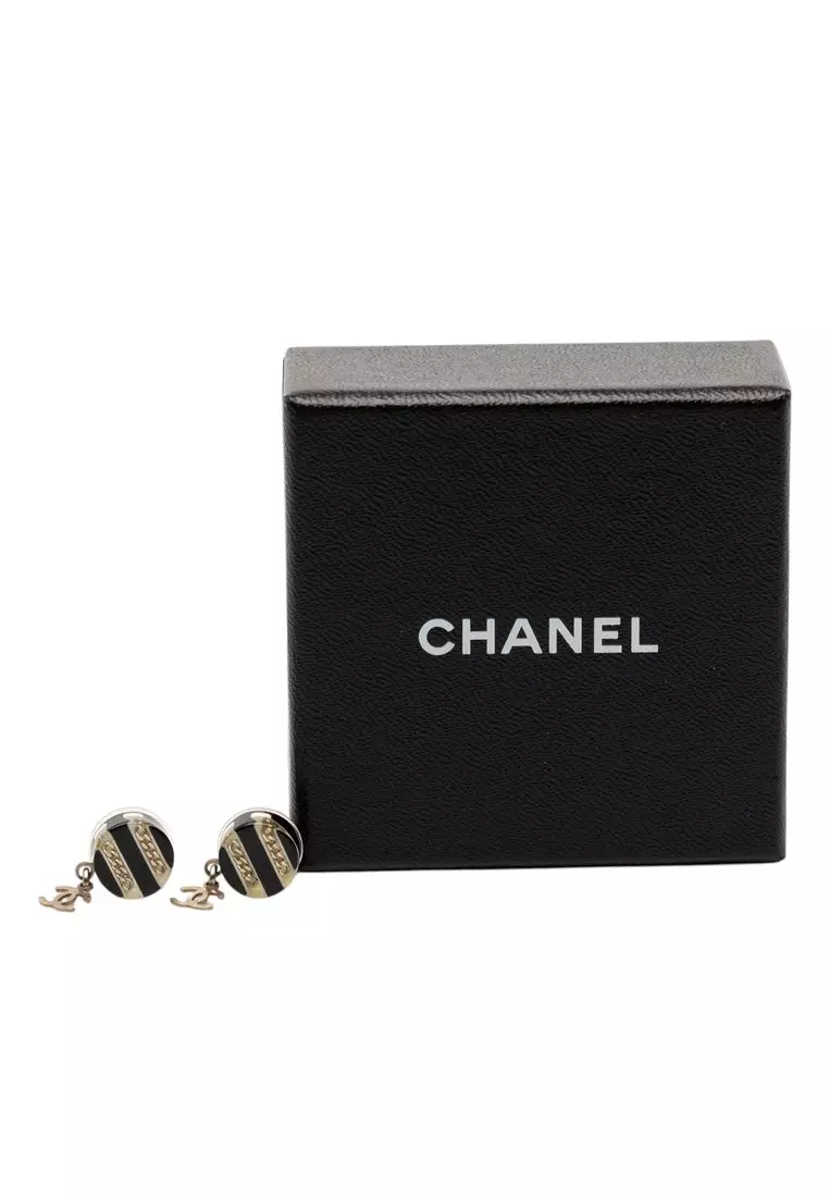 Pre-Loved Chanel Brass Resin Cc Drop Round Push Back Earrings