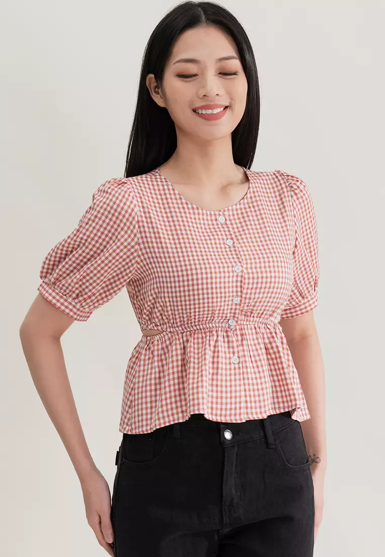 格纹灯笼袖短版上衣