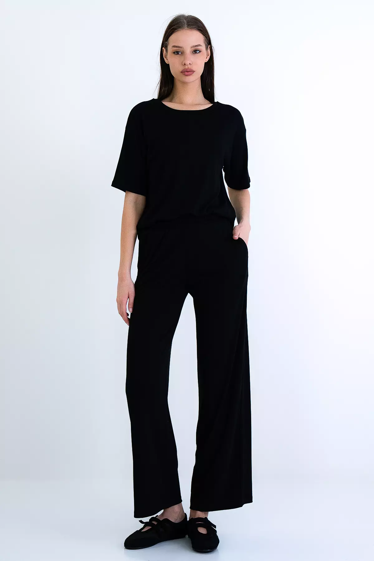 Black Crew Neck Modal Basic Blouse And Double Pocket Trousers Set Alc-X15221