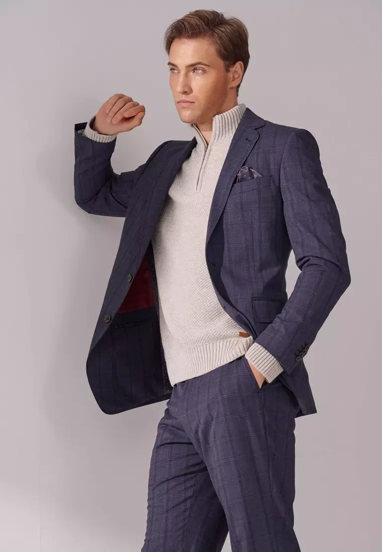 藏青格紋修身西裝外套