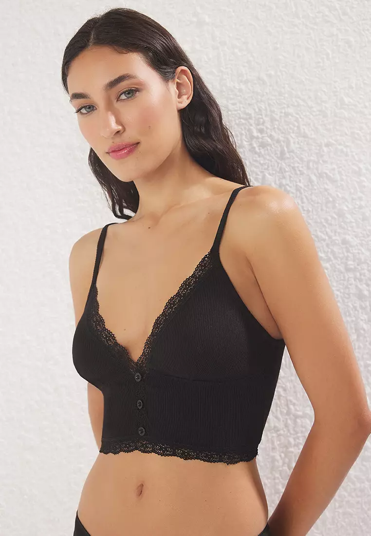 Black Ribbed Lace Detailed Cupless Bralette Knit Bra THMSS25SU00035