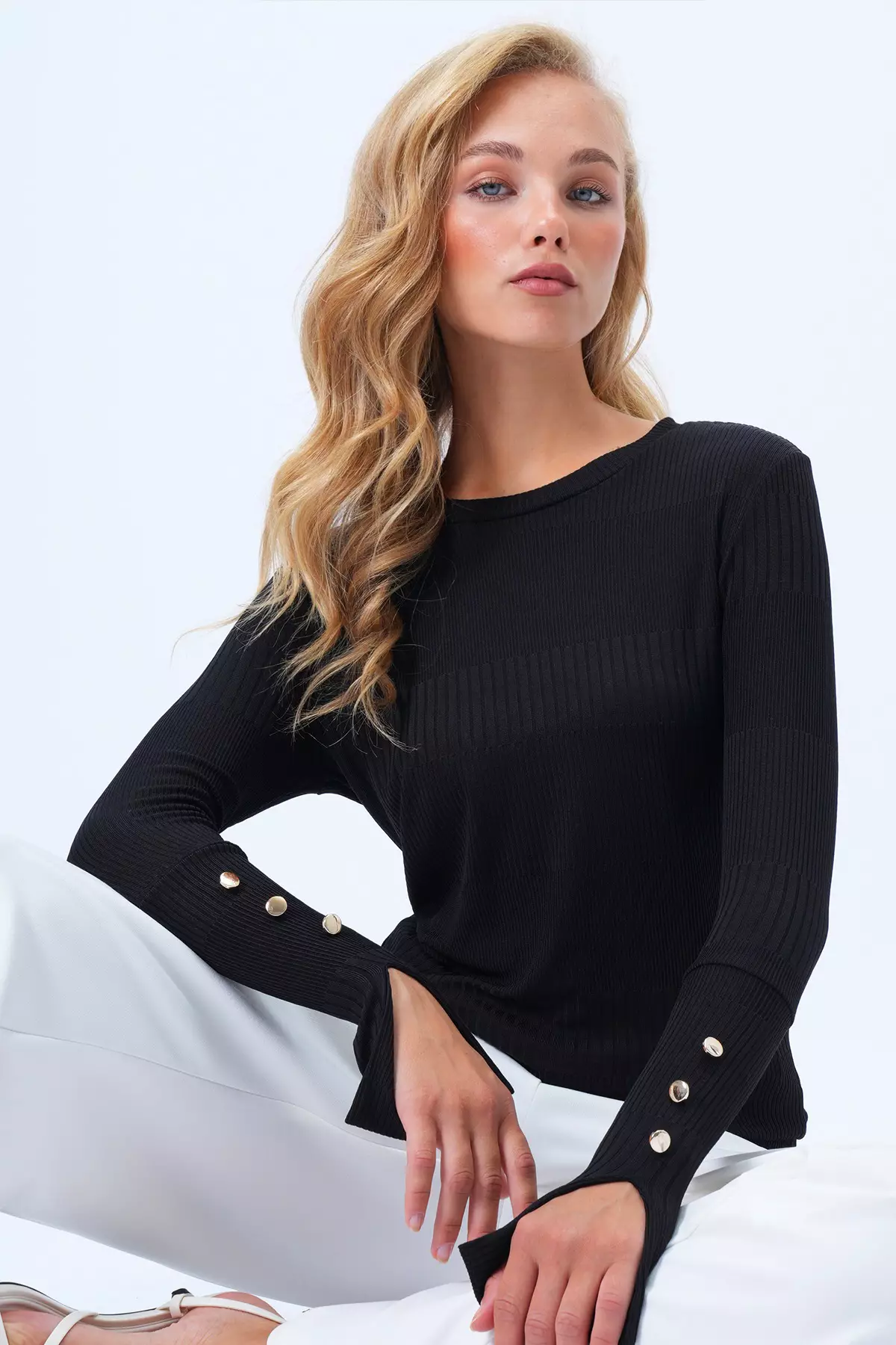 Women's Black Crew Neck Self-Patterned Button Detailed Basic Mercerized Blouse Alc-X14417