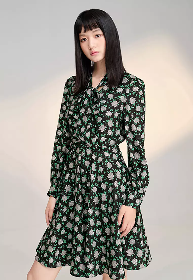 Long Sleeve Floral Midi Dress with Ribbon Tie