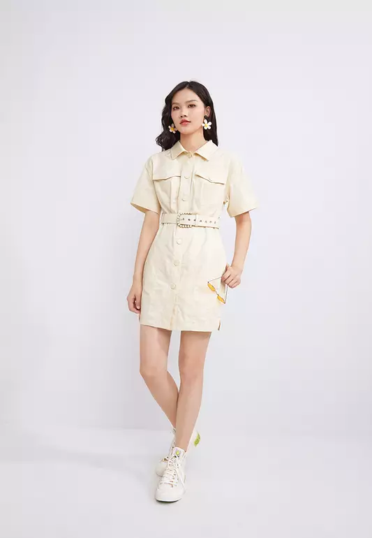 Button Mini Dress with Belt