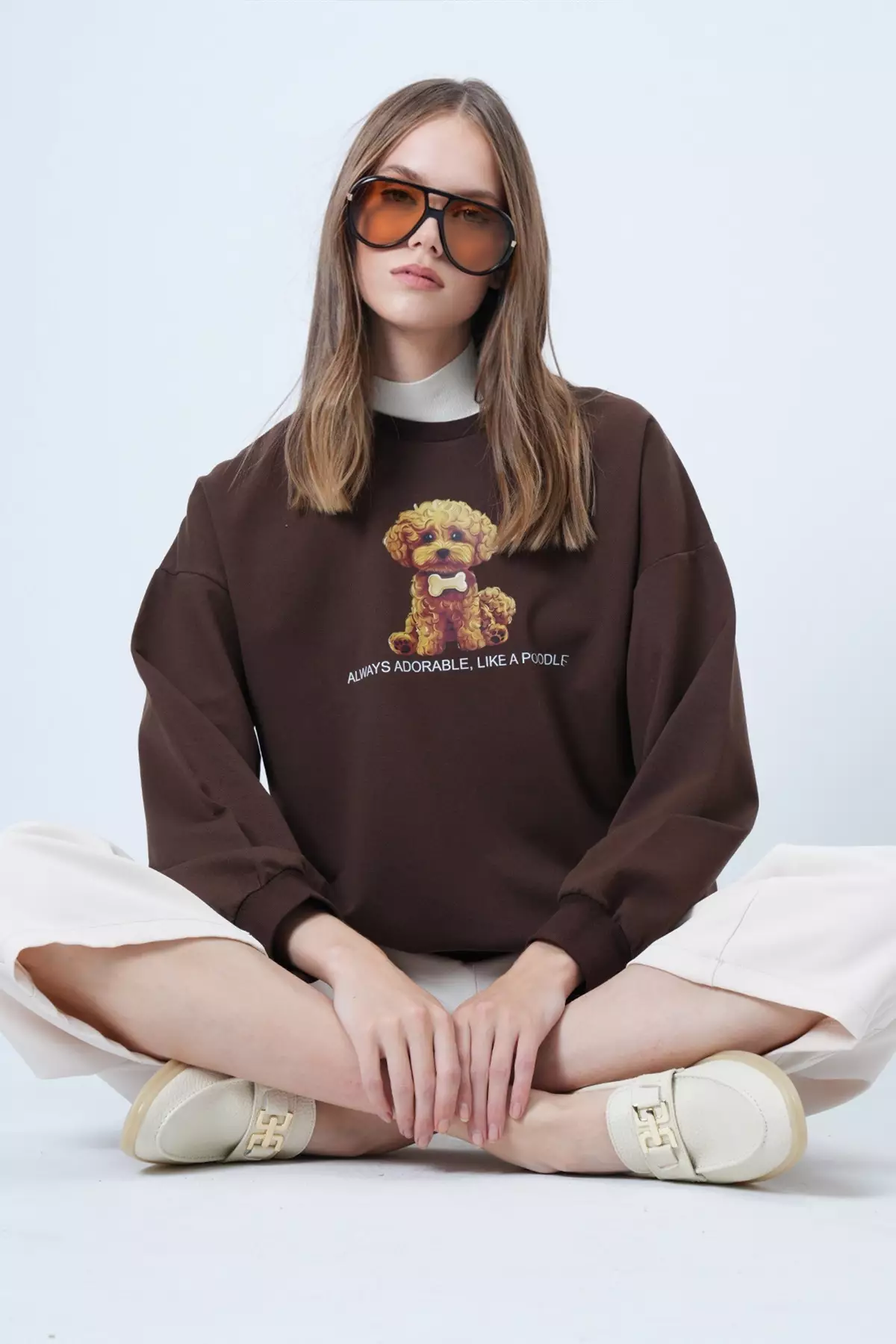 Women'S Brown Front Printed Oversize Cotton Sweatshirt Alc-X14651