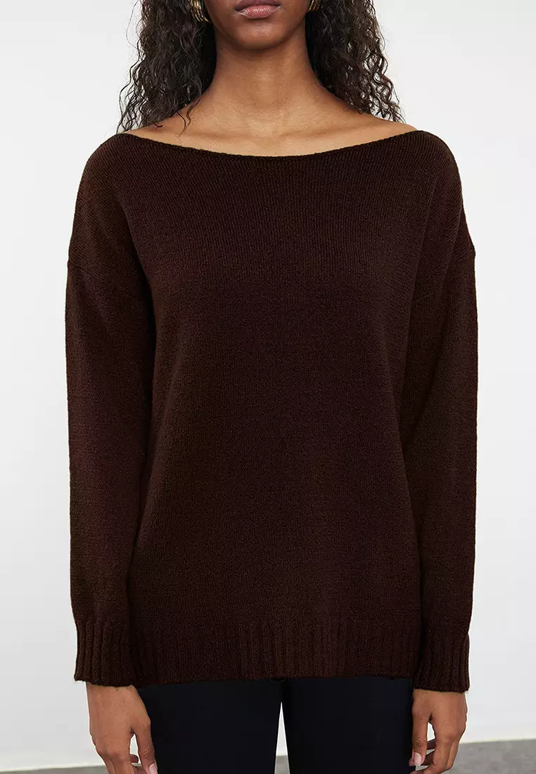 Brown Wool Boat Neck Basic Knitwear Sweater